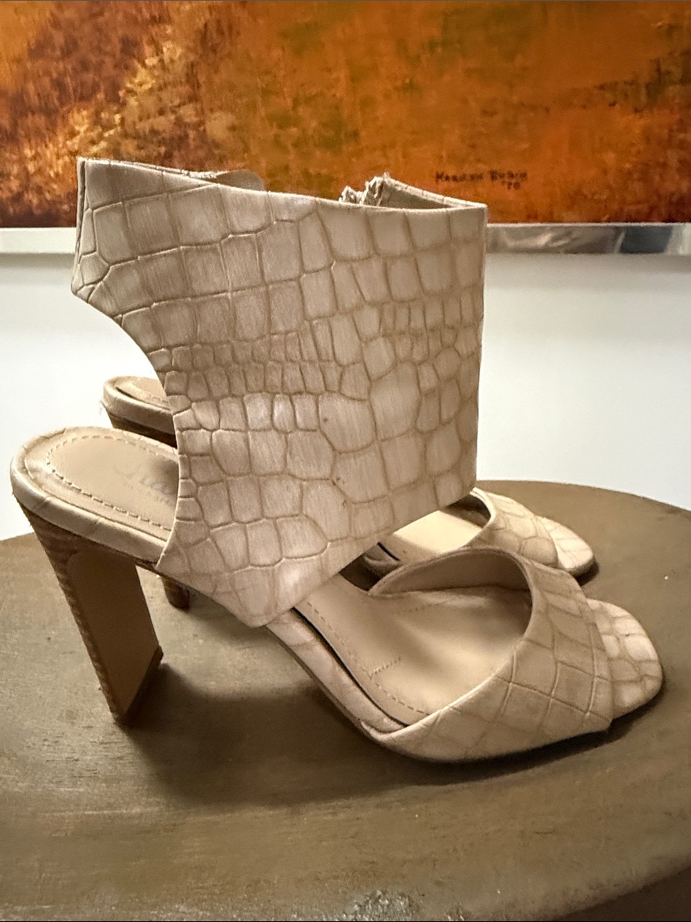 Charles By Charles David Croc-Embossed Taupe Block Heel Sandals